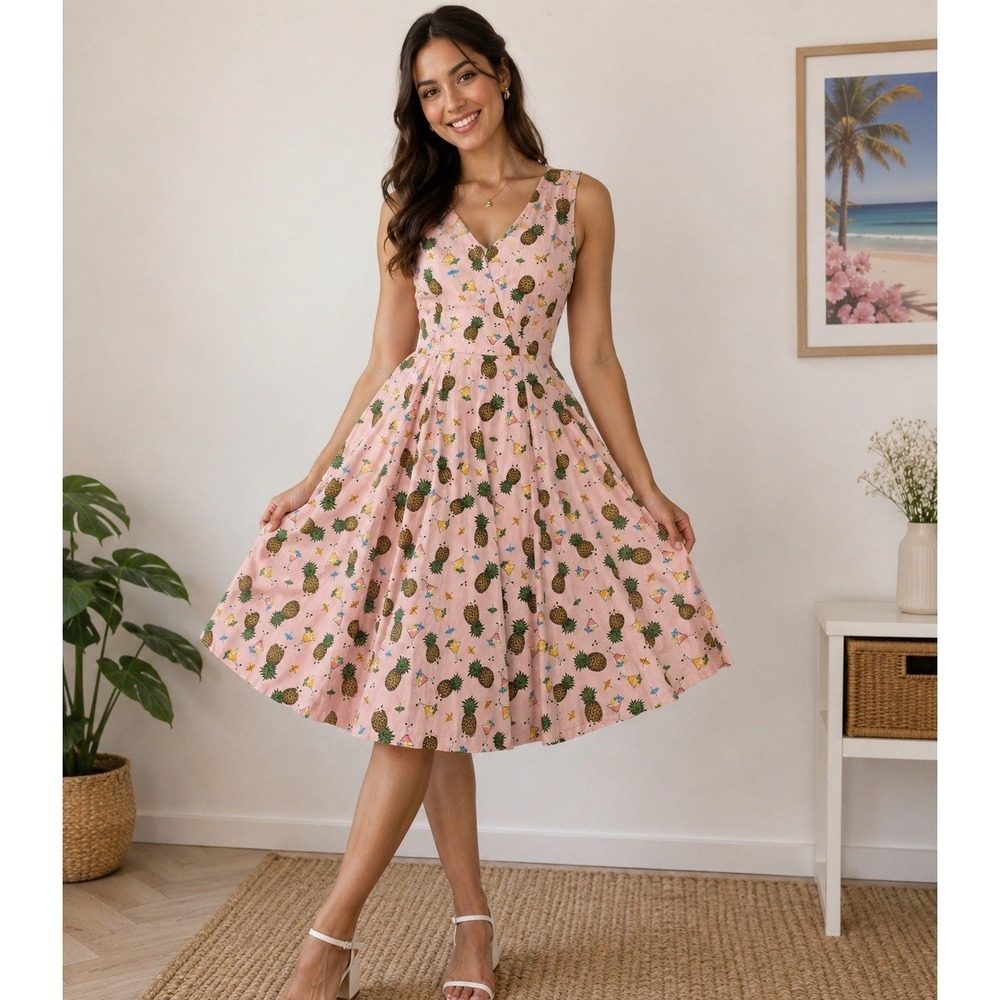 Banned Apparel Retro 50s Dress Medium Pink Hawaiian 🍍 Pineapples Rockabilly